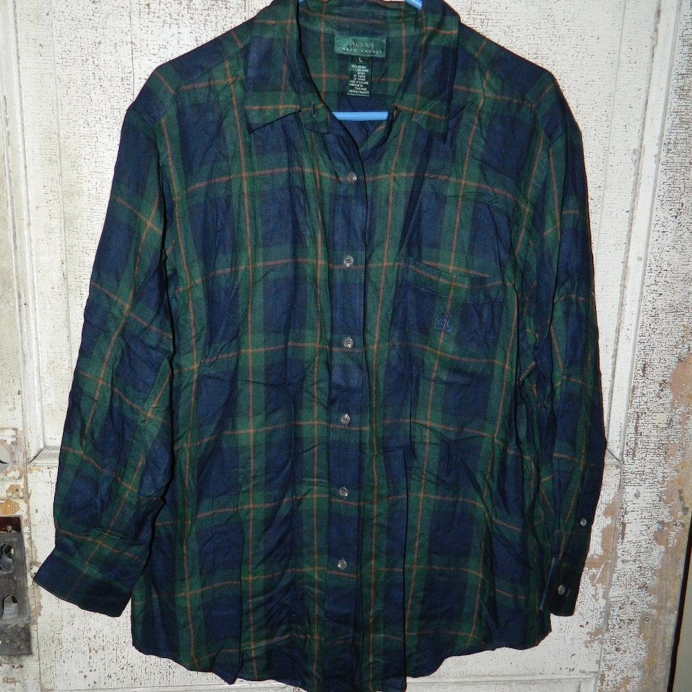 Lauren Ralph Lauren Green Plaid Button Front Blouse Size L (EE-3)